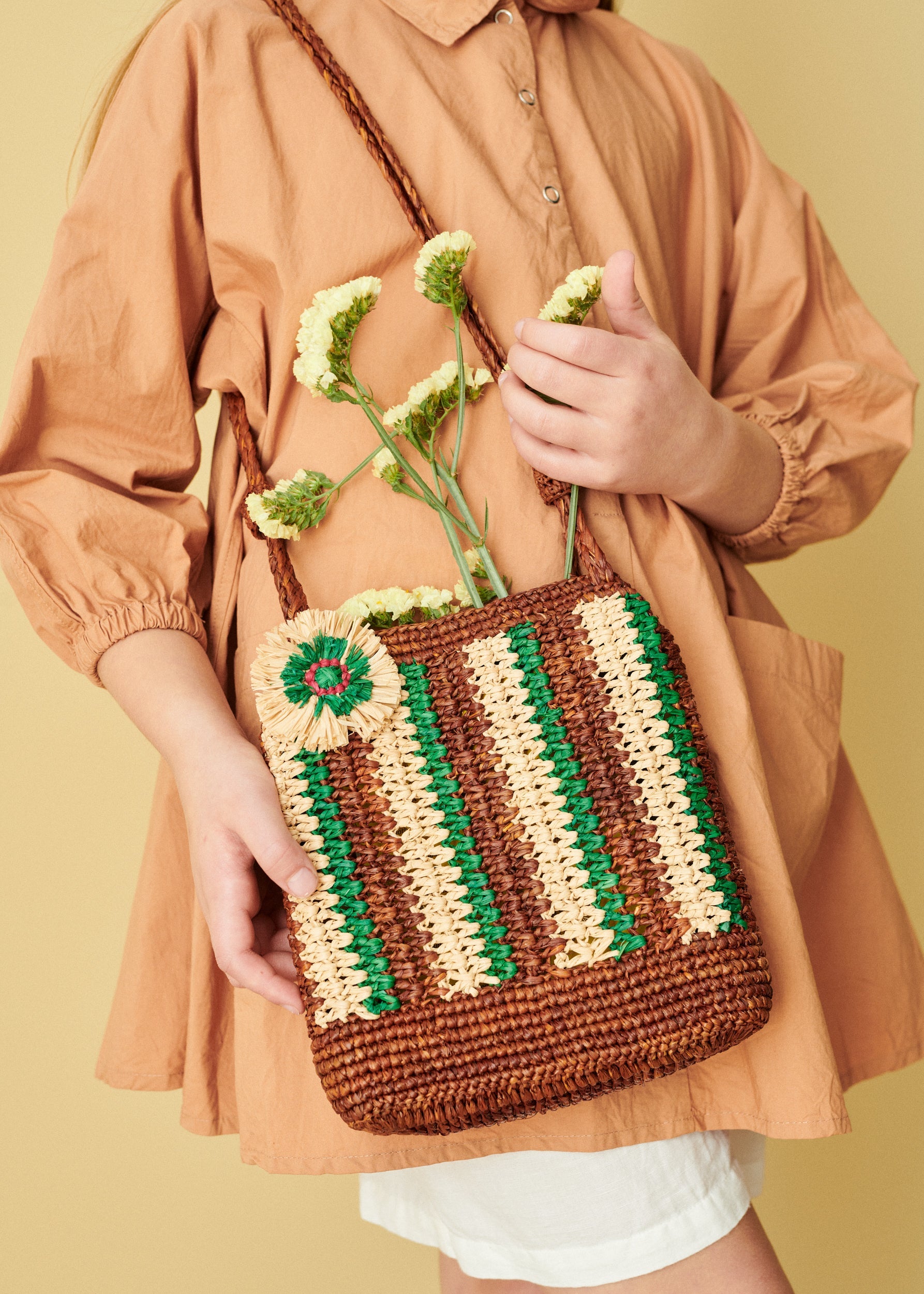 RAFFIA CROCHET BAG - BROWN/GREEN