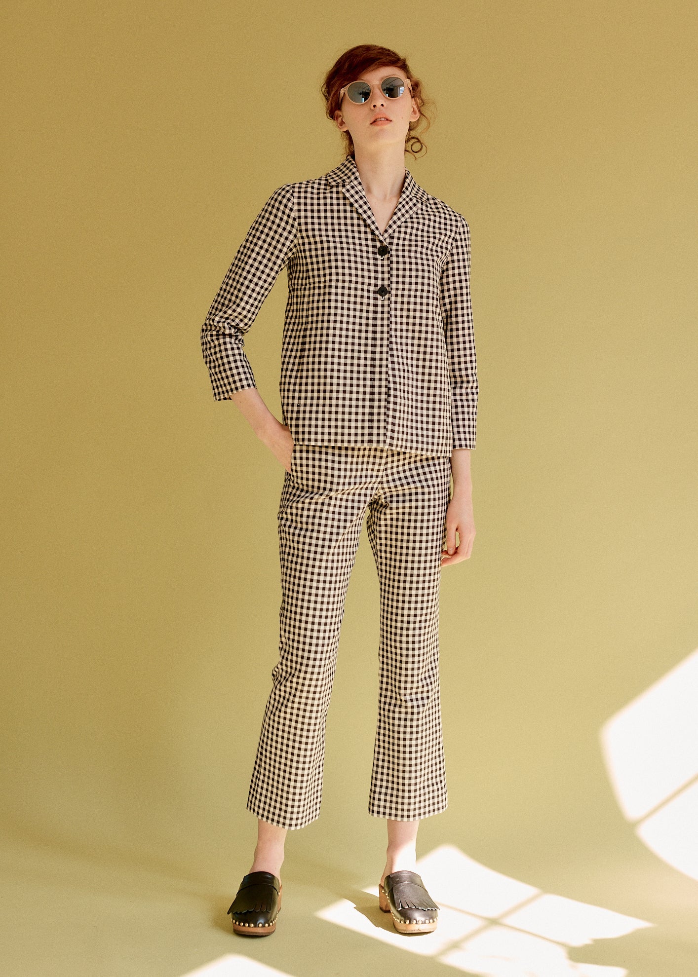 CARAMEL FLARED TROUSER - NAVY CHECK