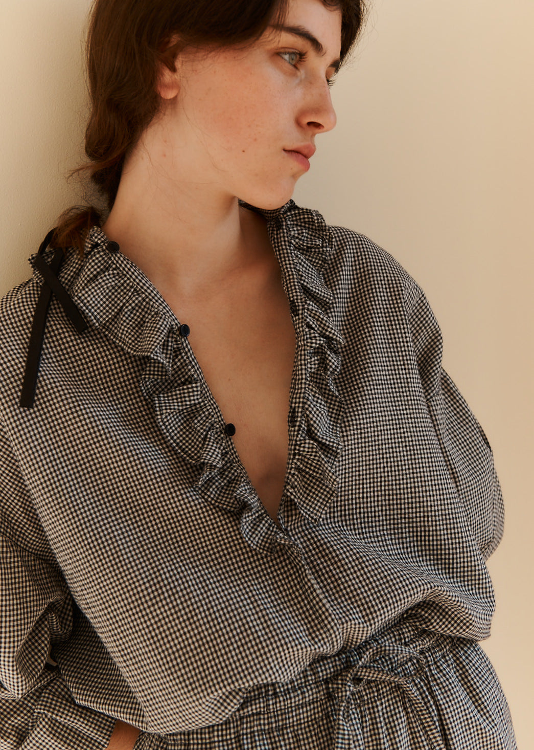 FRILL BLOUSE - BLACK/WHITE CHECK