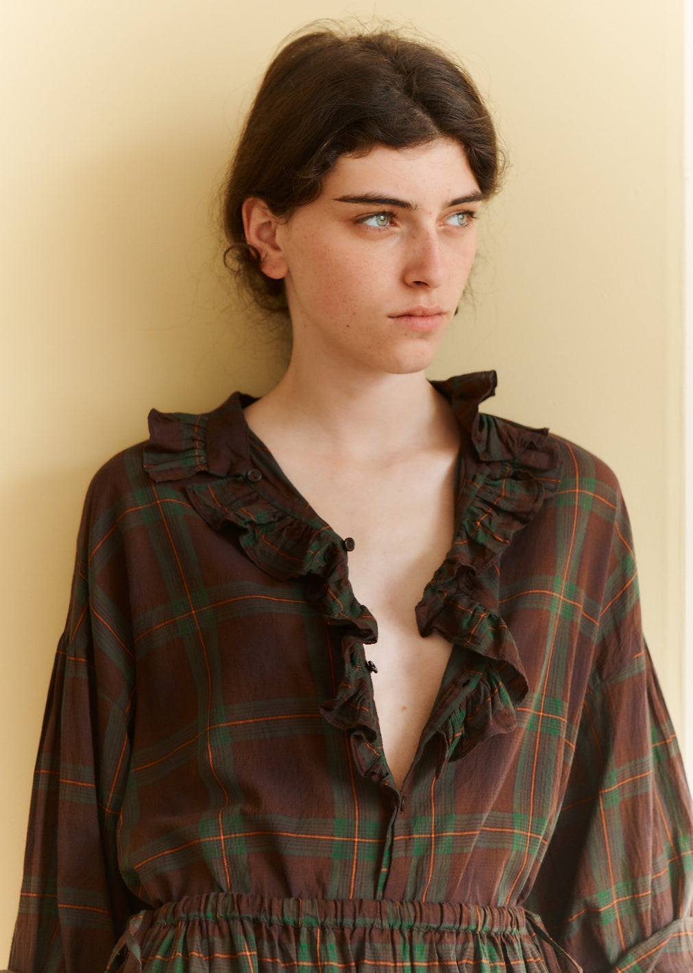 FRILL BLOUSE - BROWN/GREEN/TARTAN