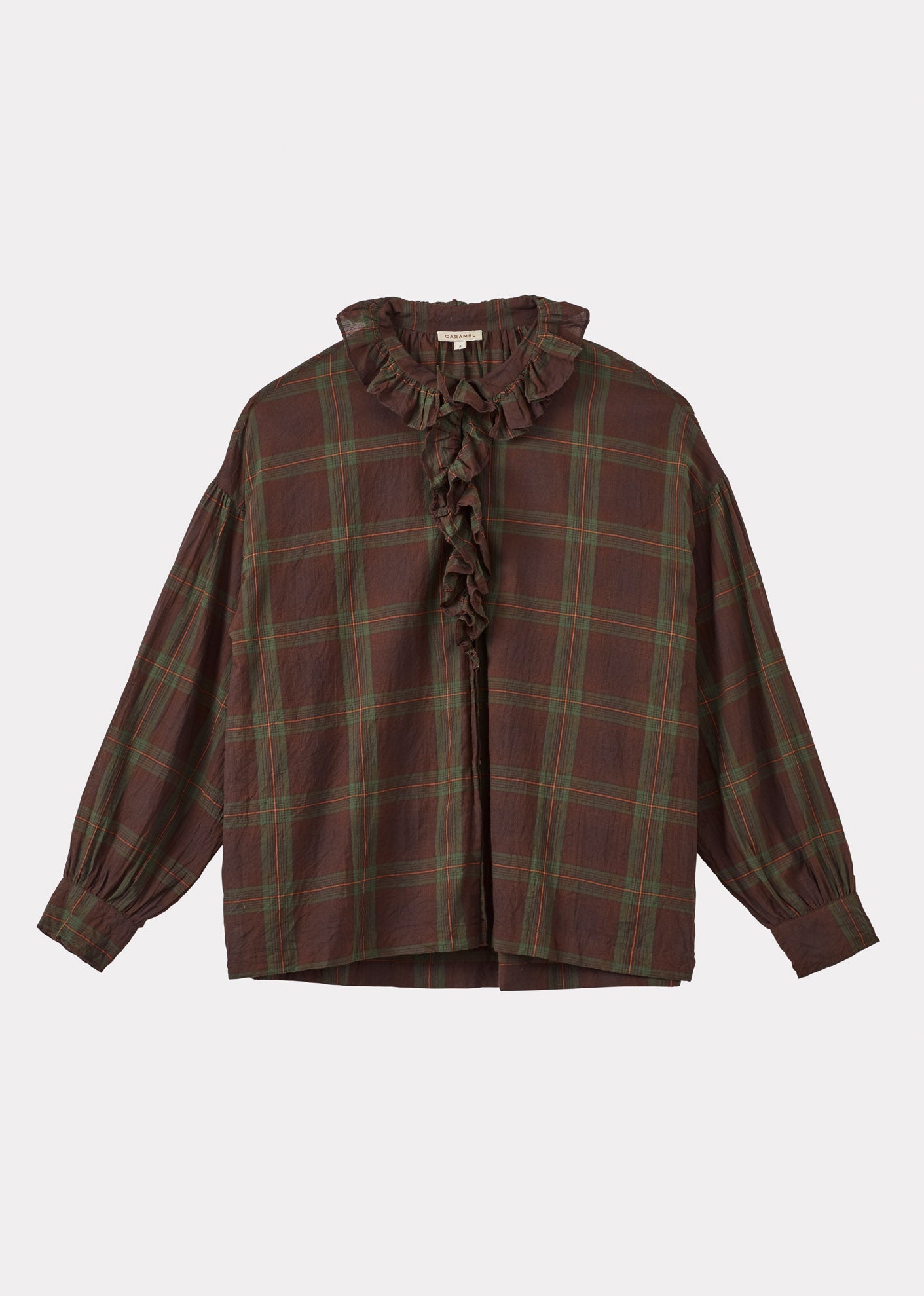 FRILL BLOUSE - BROWN/GREEN/TARTAN