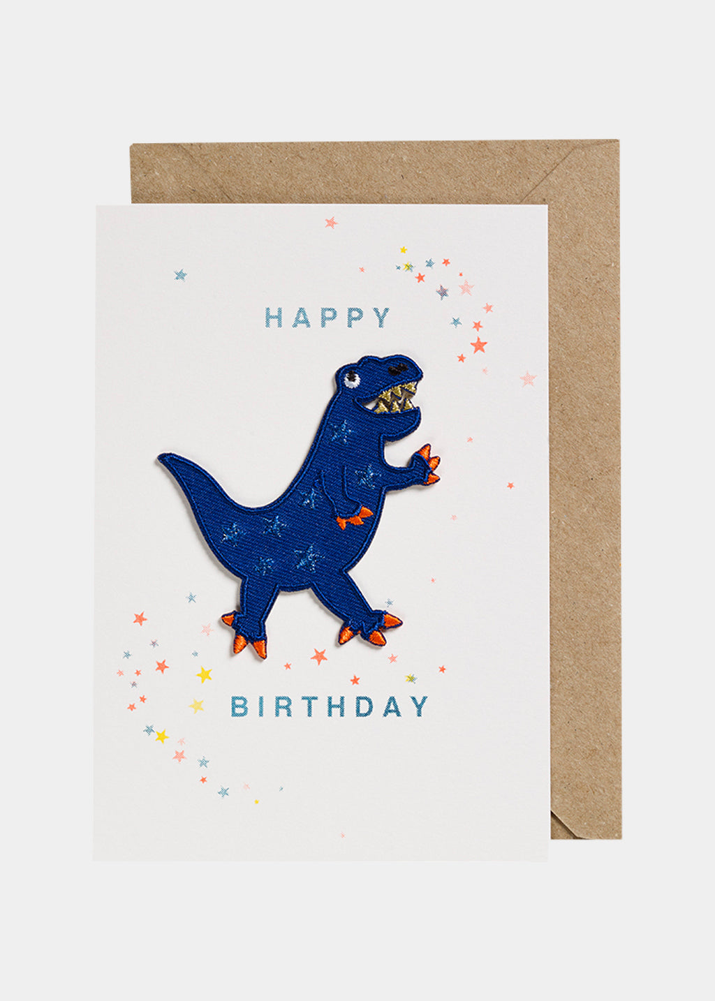 PETRA BOASE BLUE DINO PATCH GREETINGS CARD - MULTI COLOURED