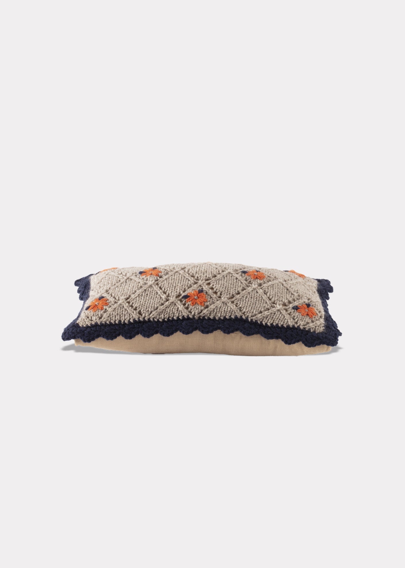 EMBROIDERED KNIT SCATTER CUSHION - GREY/RED MULTI