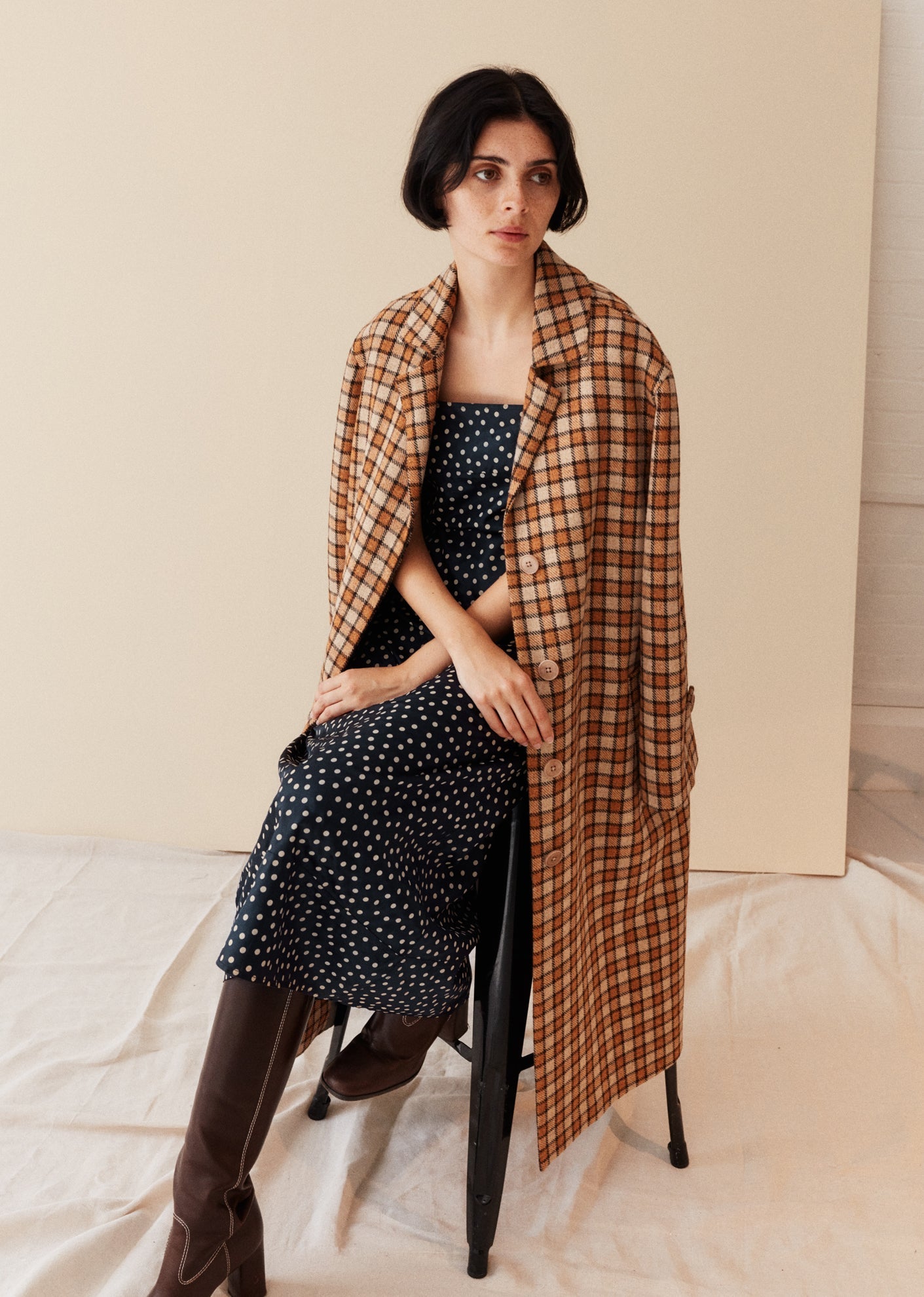 Caramel | Long Coat, Brown Check