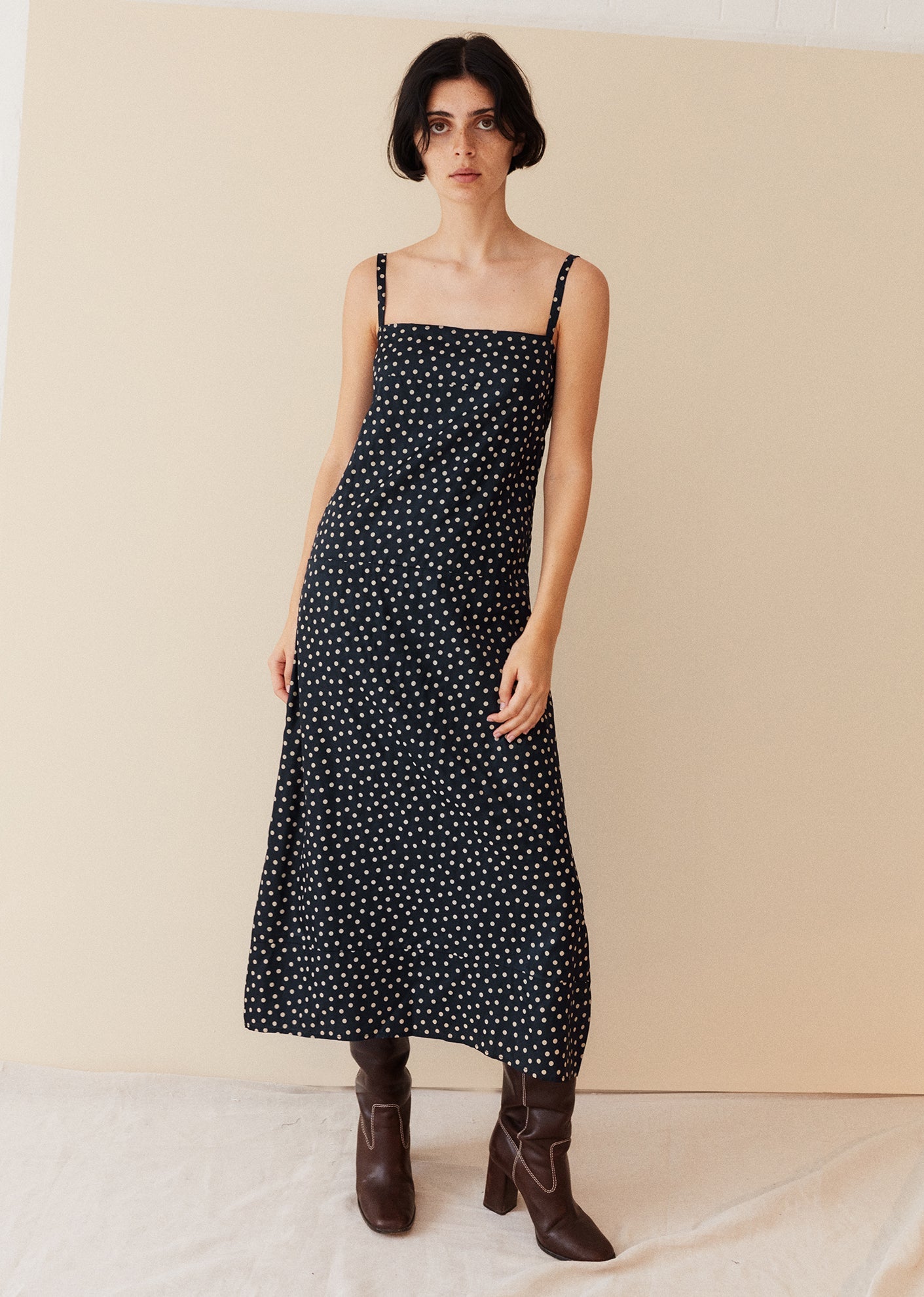 Caramel | A Line Slip Dress, Brown Dot