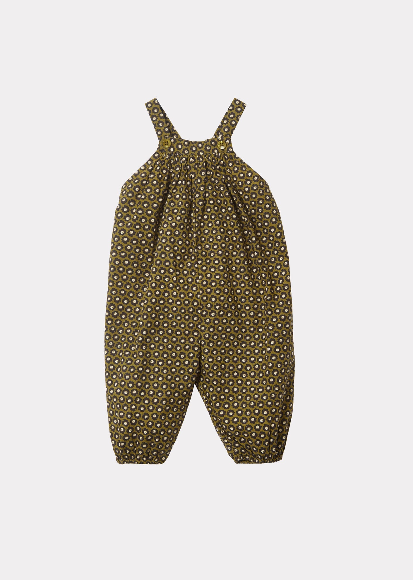 Gobi Baby Dungaree, Olive Flower Spot Print